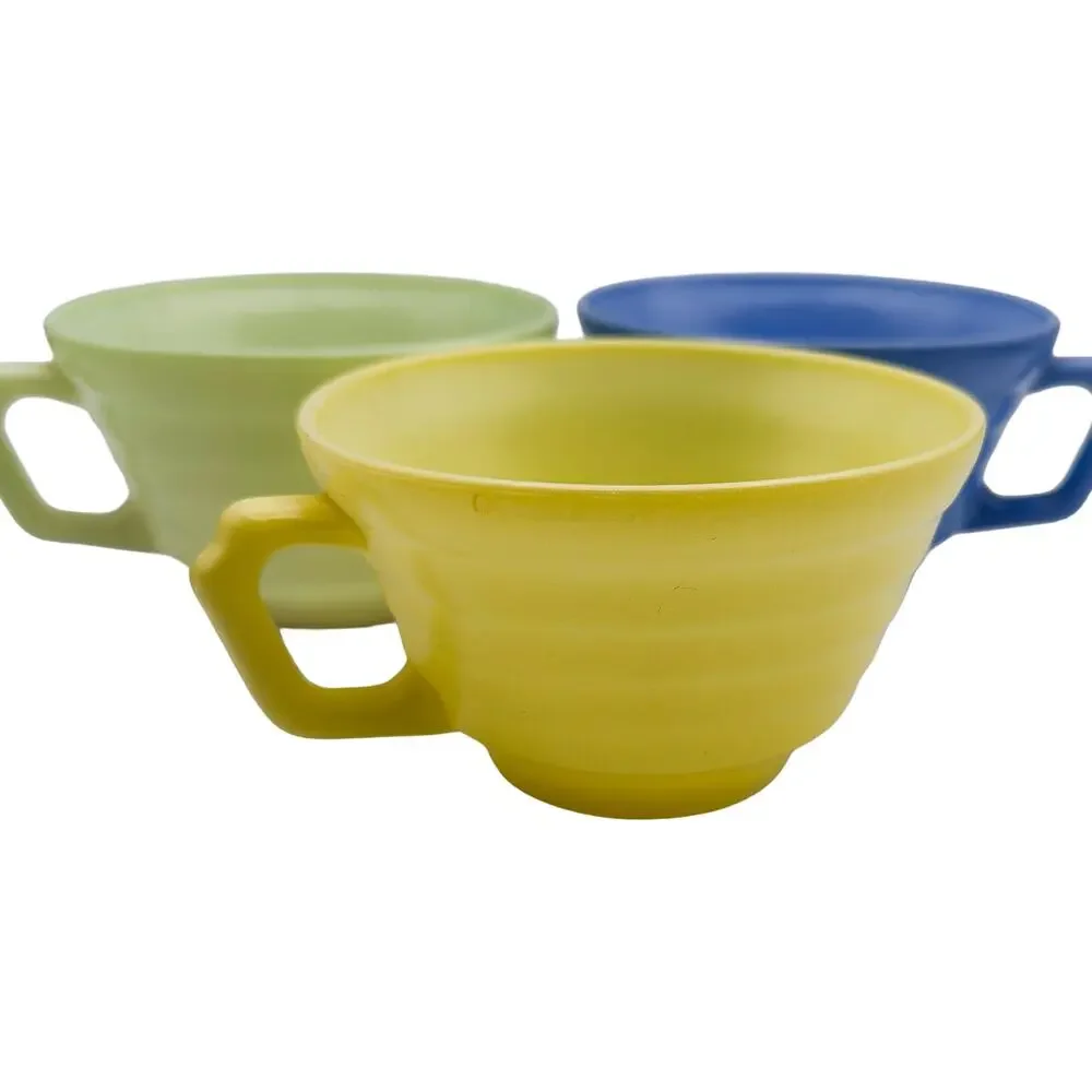 Vintage 1950s Set of 3 Hazel-Atlas Milk Glass Tea Cups Yellow/Green/Blue